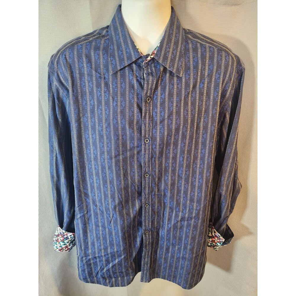 Robert Graham Long Sleeve Flip Cuff Button Shirt Men's XL Striped Geometric Blue